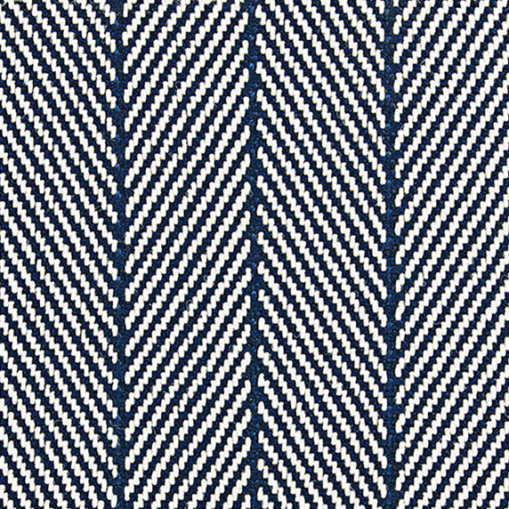 Outdoor broadloom carpet swatch in a striped herringbone weave in navy and white.