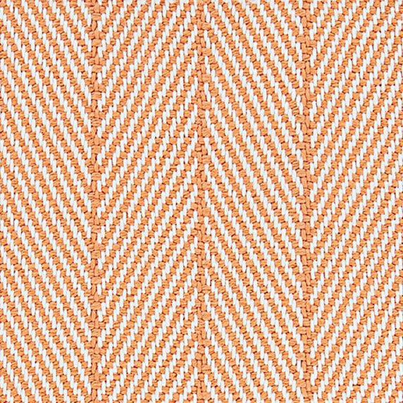 Outdoor broadloom carpet swatch in a striped herringbone weave in orange and white.