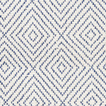 Wool broadloom carpet swatch in a graduated diamond print in navy on a cream field.