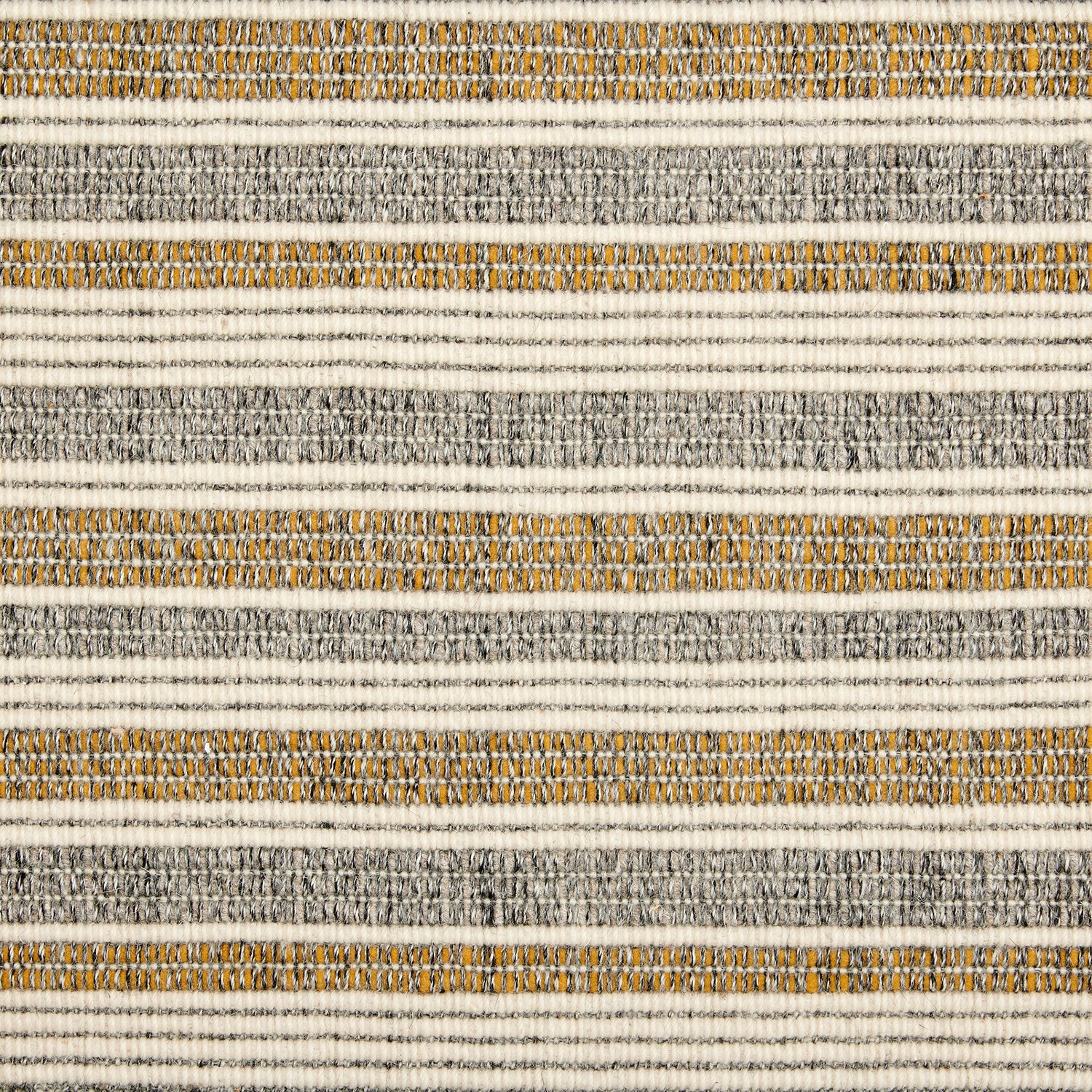Wool broadloom carpet swatch in a ribbed stripe weave in gray, cream and tan.