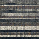 Wool broadloom carpet swatch in a ribbed stripe weave in cream, gray and navy.