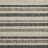 Wool broadloom carpet swatch in a ribbed stripe weave in cream, gray and charcoal.