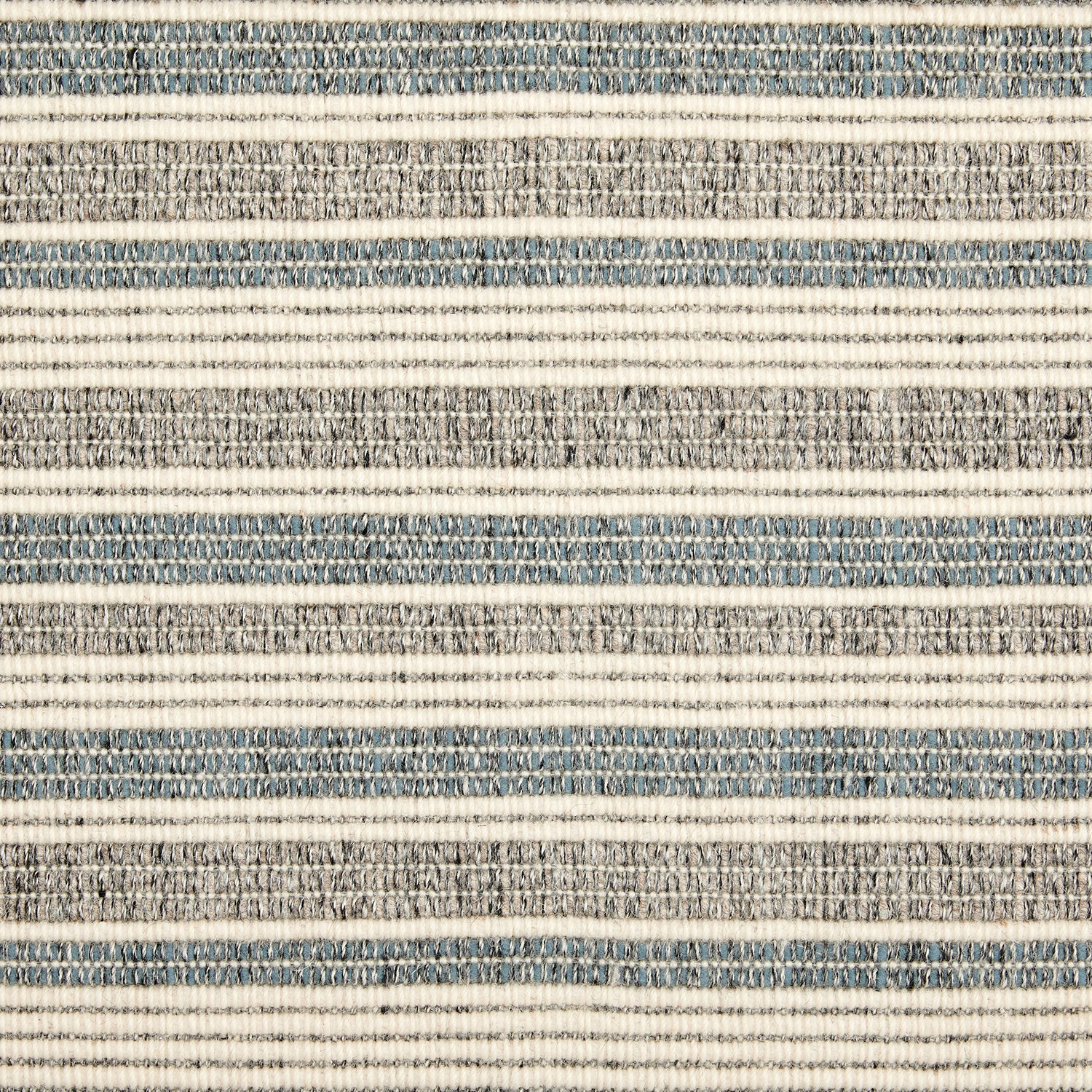 Wool broadloom carpet swatch in a ribbed stripe weave in gray, blue and cream.