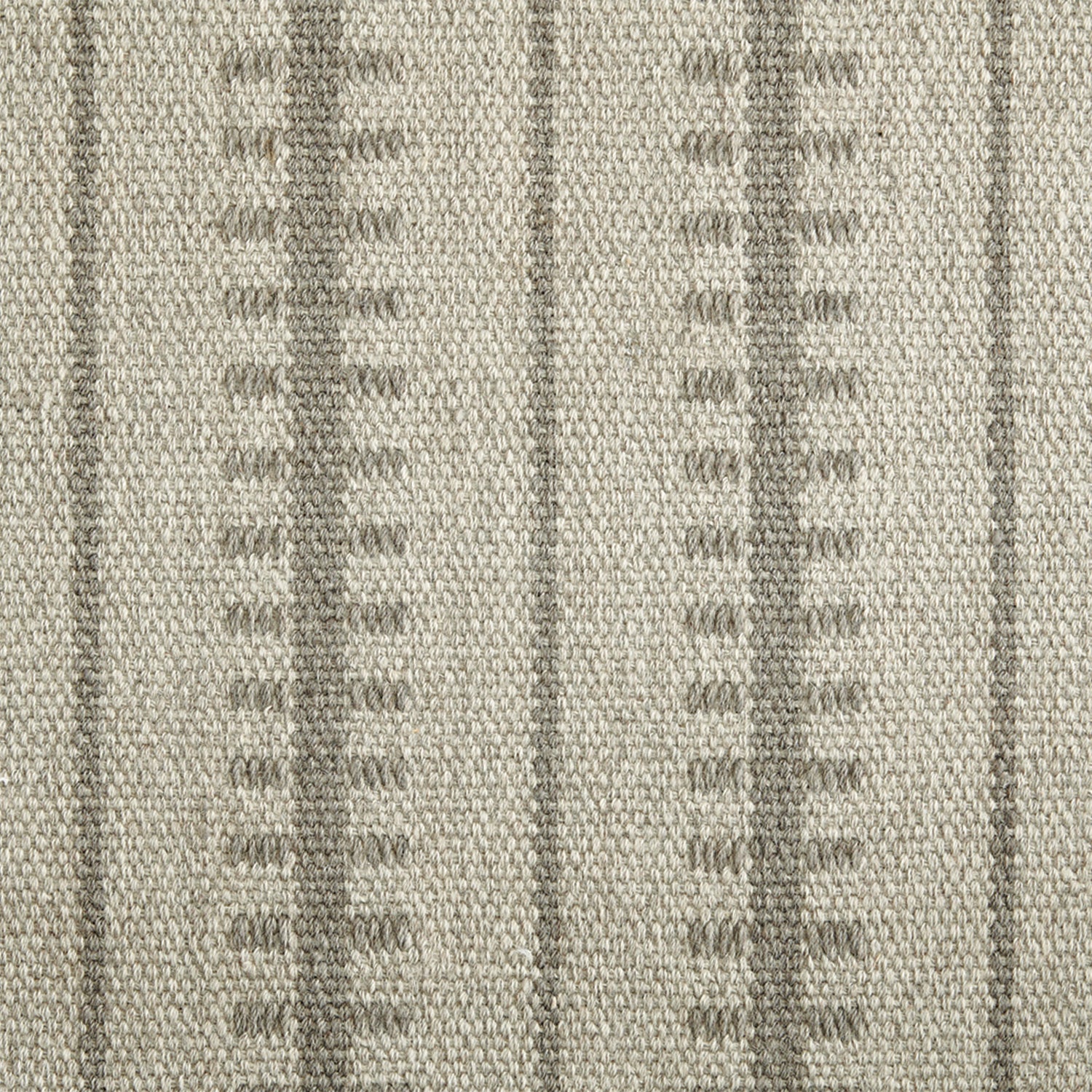 Wool broadloom carpet swatch in a ticked stripe weave in gray and cream.