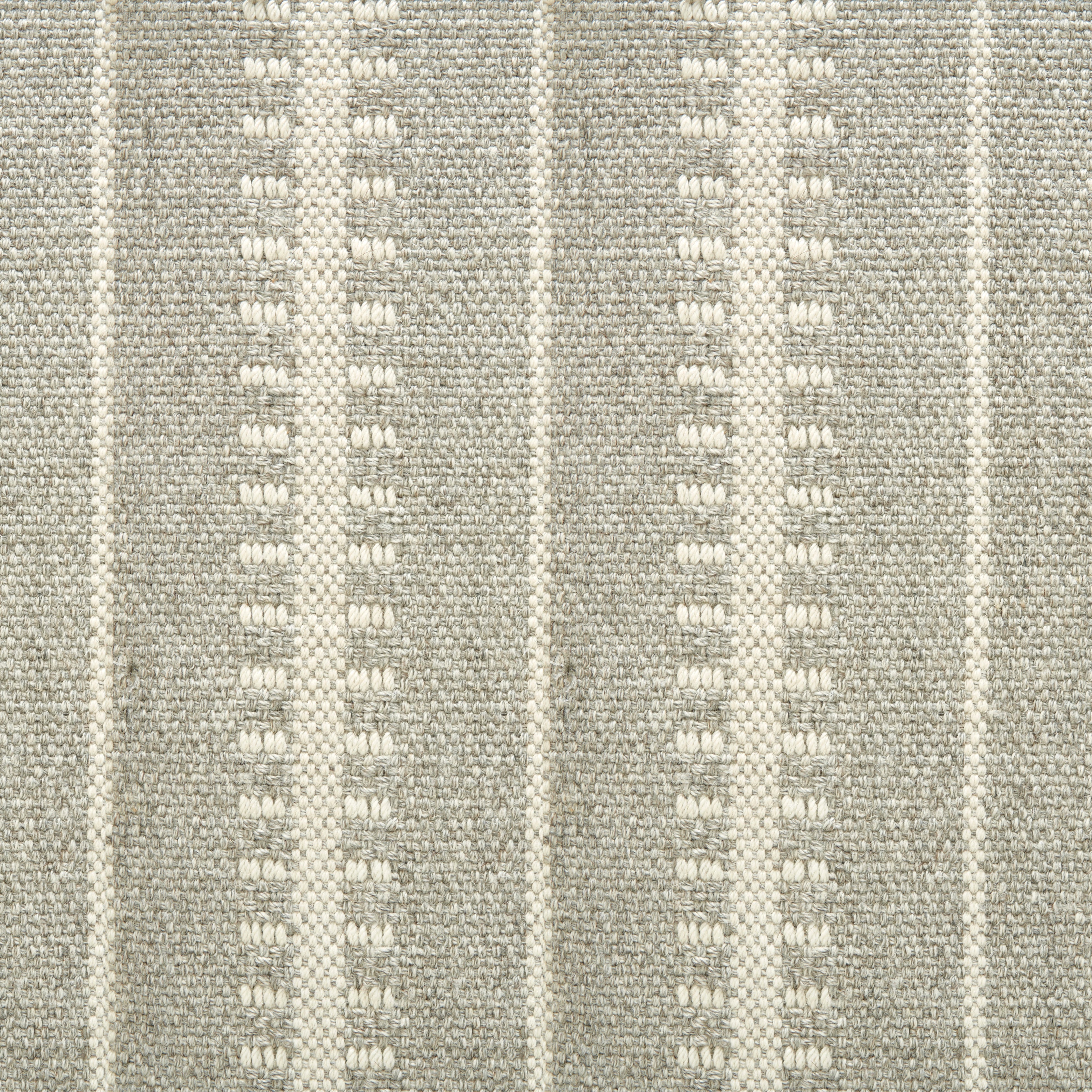 Wool broadloom carpet swatch in a ticked stripe weave in gray and cream.