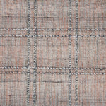 Wool-blend broadloom carpet swatch in a plaid tweed weave in pink and silver.