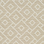 Wool broadloom carpet swatch in an interlocking geometric print in white and tan.
