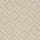 Wool broadloom carpet swatch in an interlocking geometric print in white and tan.