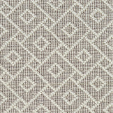 Wool broadloom carpet swatch in an interlocking geometric print in white and light gray.