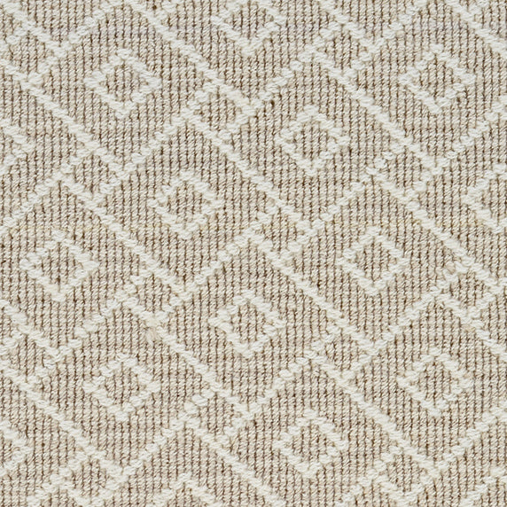 Wool broadloom carpet swatch in an interlocking geometric print in cream and tan.