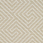 Wool broadloom carpet swatch in a high-pile interlocking geometric pattern in white and tan.