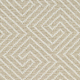 Wool broadloom carpet swatch in a high-pile interlocking geometric pattern in white and tan.