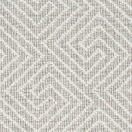 Wool broadloom carpet swatch in a high-pile interlocking geometric pattern in white and light brown.
