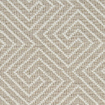 Wool broadloom carpet swatch in a high-pile interlocking geometric pattern in white and cream.