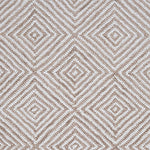 Wool broadloom carpet swatch in a dense repeating diamond print in shades of tan and cream.