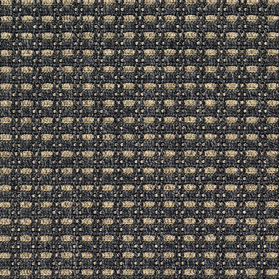 Outdoor broadloom carpet swatch in a dimensional grid weave in navy and tan.