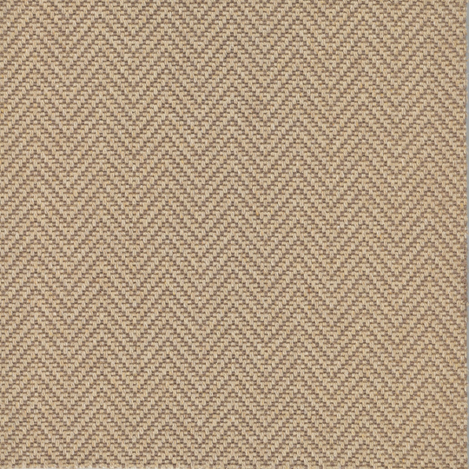 Wool broadloom carpet swatch in a herringbone weave in beige and brown.
