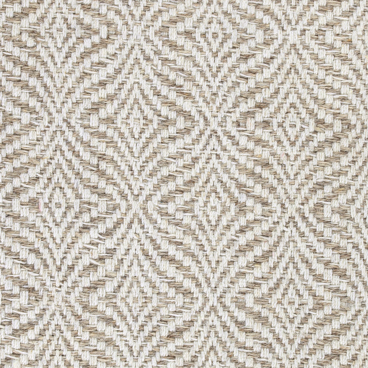 Wool broadloom carpet swatch in a dense diamond stripe pattern in white on a mottled cream field.