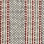 Wool broadloom carpet swatch in a chunky variegated stripe weave in gray, red and cream.