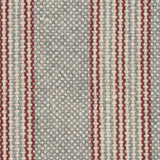 Wool broadloom carpet swatch in a chunky variegated stripe weave in gray, red and cream.