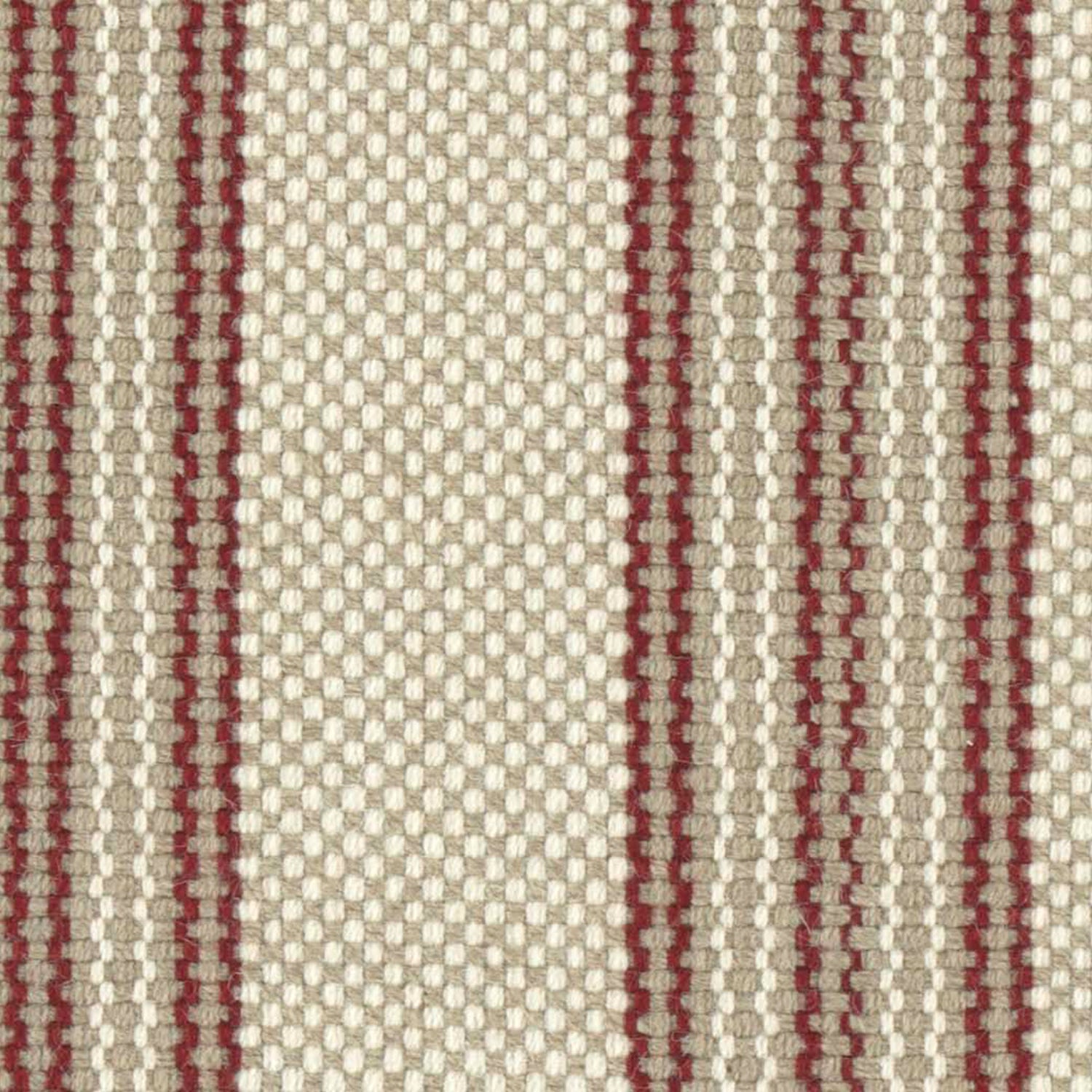 Wool broadloom carpet swatch in a chunky variegated stripe weave in brown, red and cream.