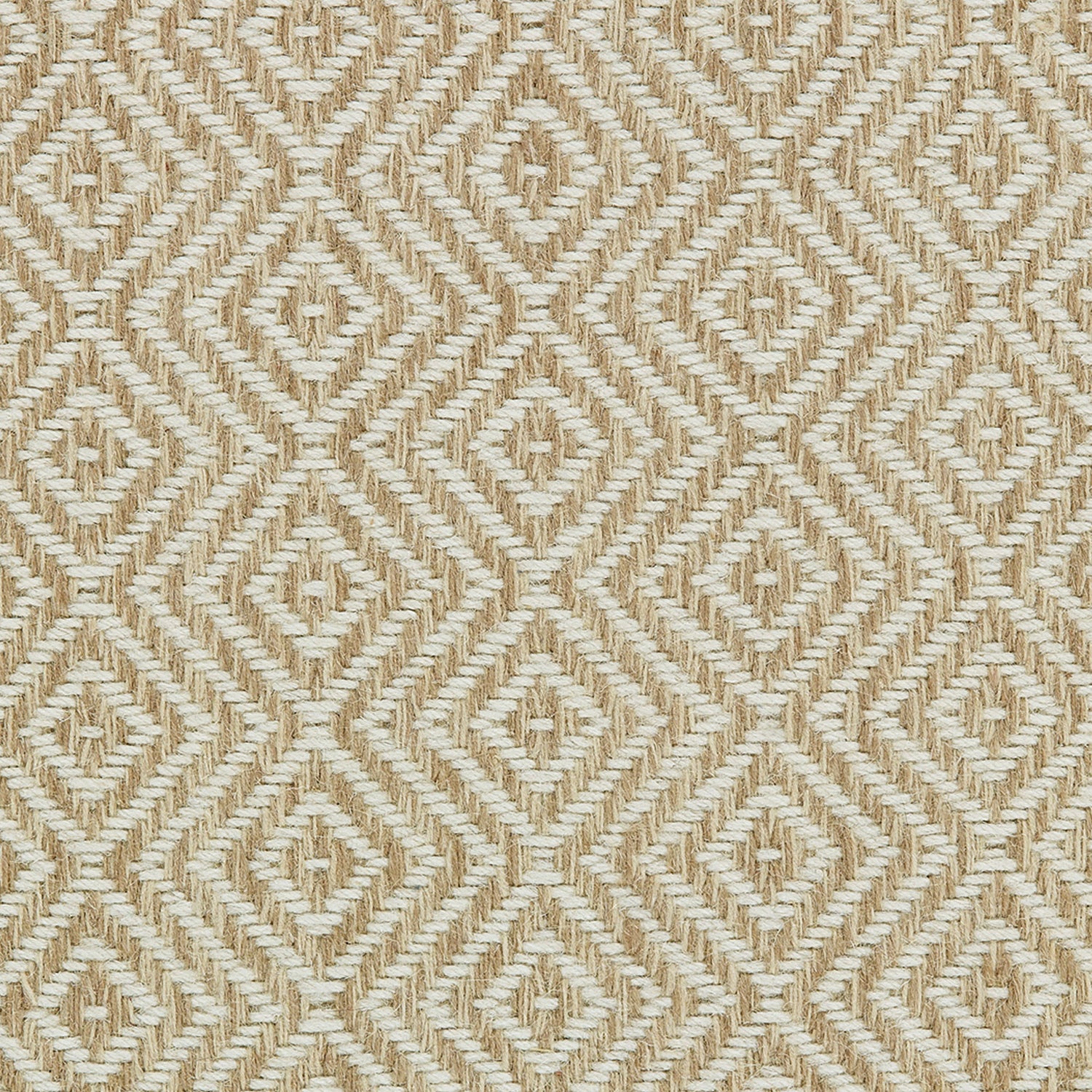 Wool broadloom carpet swatch in a diamond lattice weave in white and tan.