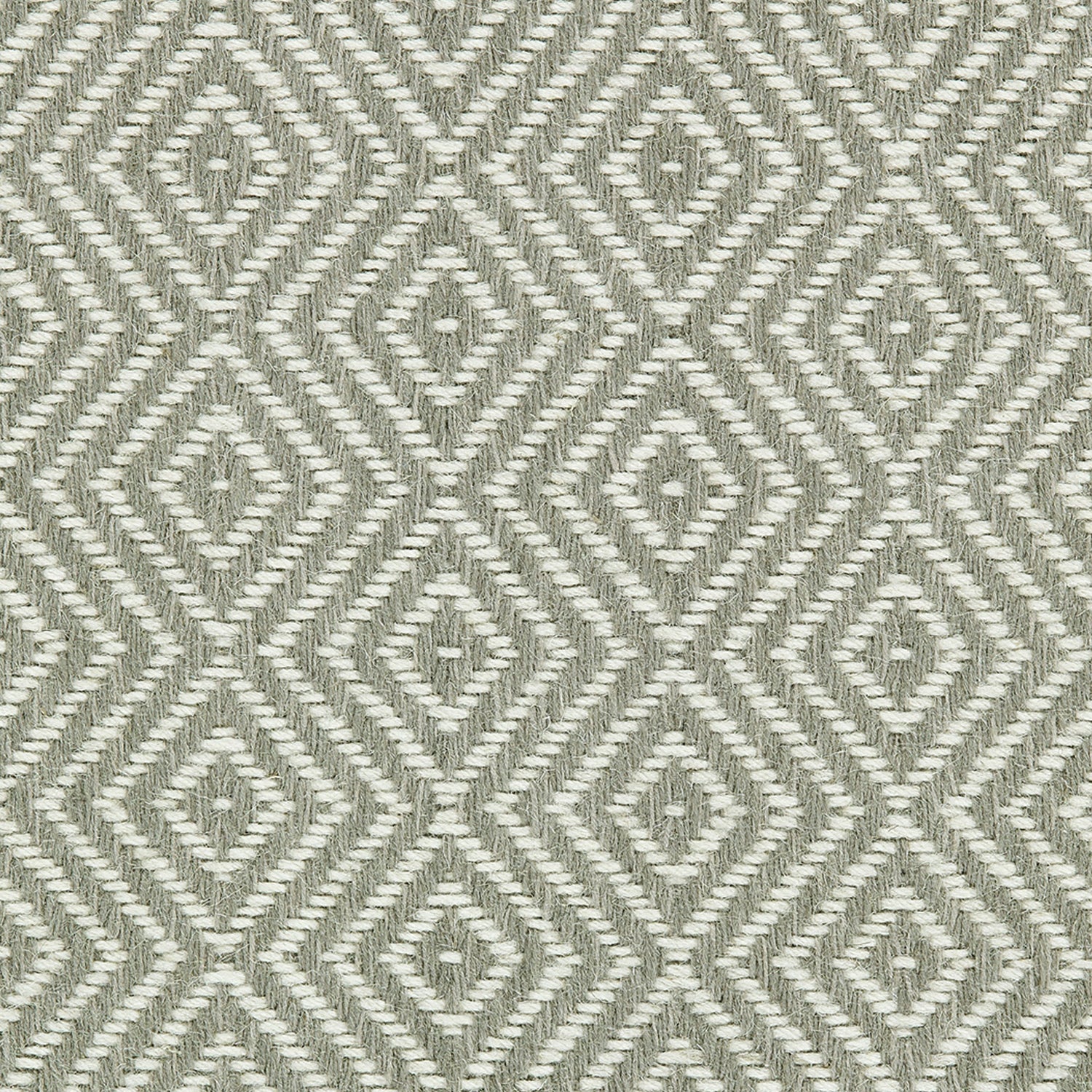 Wool broadloom carpet swatch in a diamond lattice weave in dove gray and white.