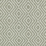 Wool broadloom carpet swatch in a diamond lattice weave in dove gray and white.