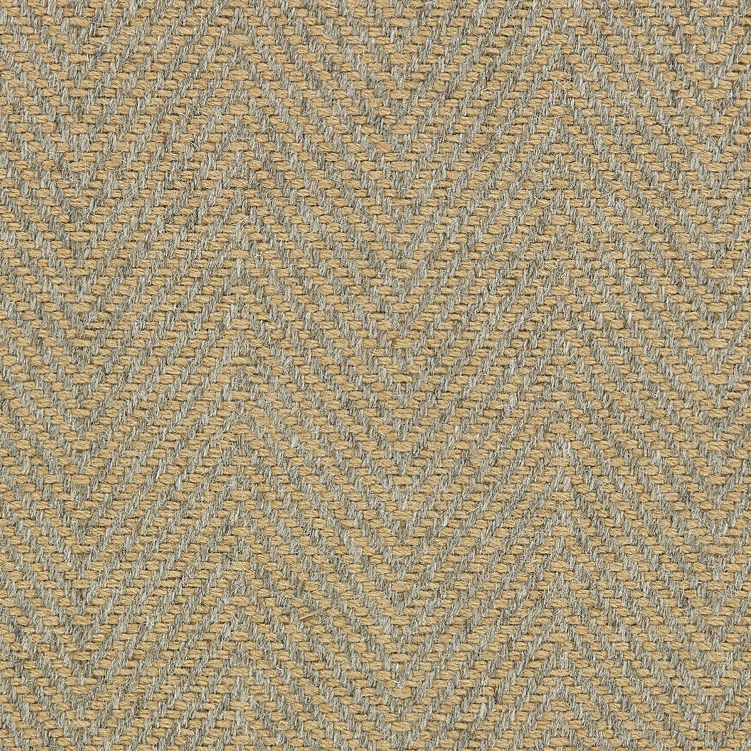 Wool broadloom carpet swatch in a herringbone weave in tan and gray.