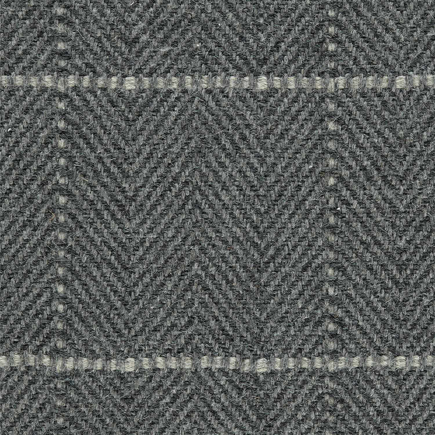 Wool broadloom carpet swatch in a plaid herringbone weave in shades of gray.