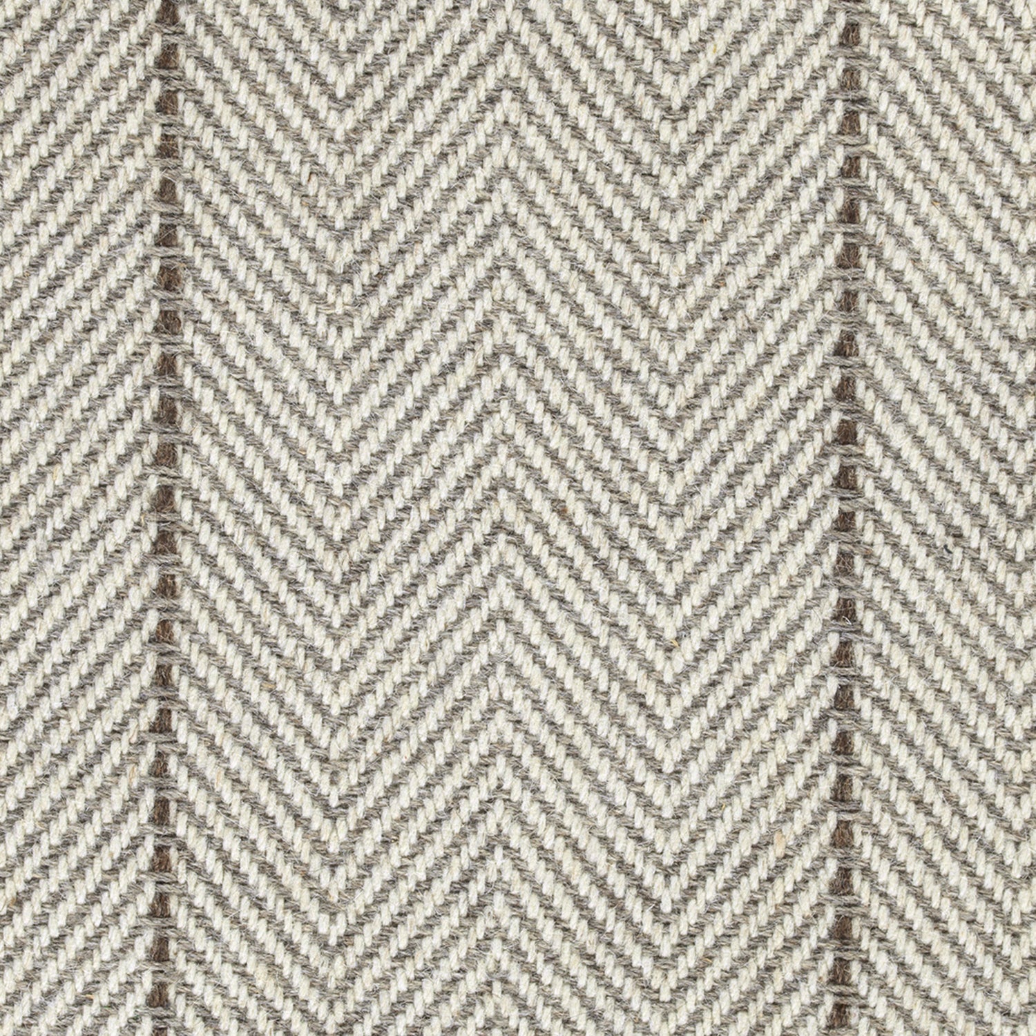 Wool broadloom carpet swatch in a striped herringbone weave in white, silver and brown.