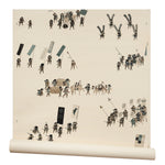 A roll of wallpaper in a design replicating 19th-century Japanese prints with a pattern of soldiers and horses carrying spears and flags.