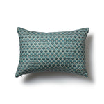 Rectangular throw pillow with a repeating Japanese-inspired scalloped pattern in shades of blue, and cream.