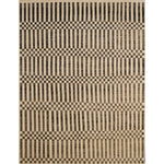 Large rectangular rug in a minimalist plaid pattern of black stripes and checks on a tan background.