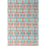 Large rectangular rug in an interlocking geometric buckle pattern in coral and white on a light blue field.