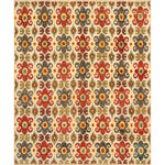 Large rectangular rug in a repeating ikat floral pattern in shades of red, yellow and green on a tan field.