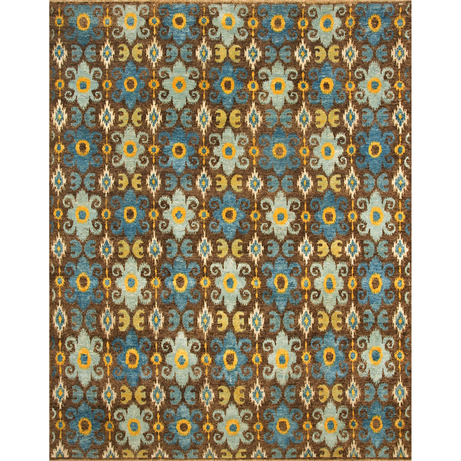 Large rectangular rug in a repeating ikat floral pattern in shades of blue and yellow on a brown field.
