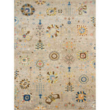 Charms rug with floral filigree designs in blue, yellow, pink, white and brown on  on a beige ground