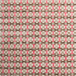 Woven rug swatch in a small-scale grid pattern featuring squares of white, pink, tan and brown.