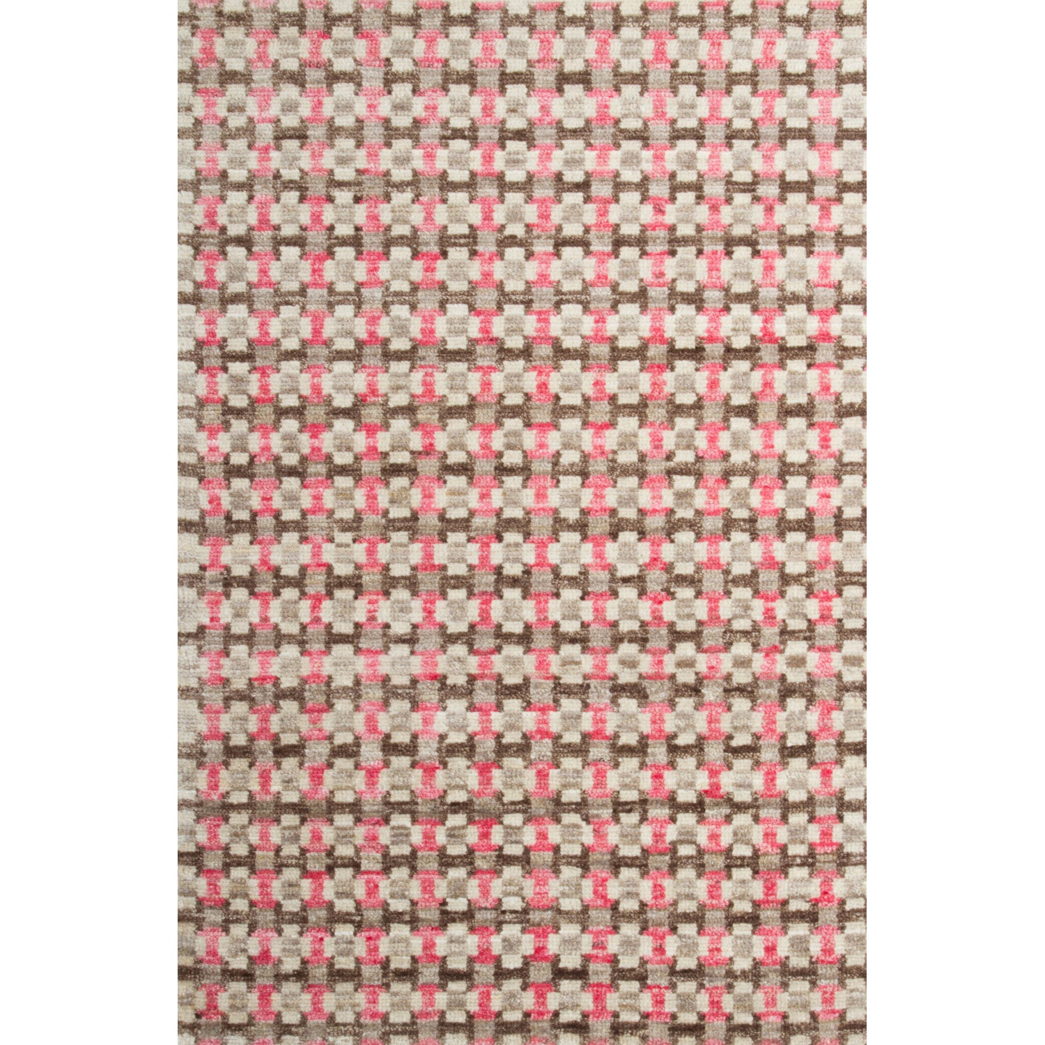 Large rectangular rug in a small-scale grid pattern featuring squares of white, pink, tan and brown.