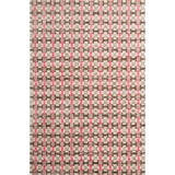 Large rectangular rug in a small-scale grid pattern featuring squares of white, pink, tan and brown.