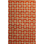 Rectangular rug in a large-scale grid pattern featuring squares of red, tan and cream.