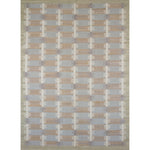 Rectangular rug in a stripe motif broken by rows of rectangular shapes in white and gray on a blue and tan field.
