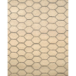 Large rectangular rug in a linear honeycomb pattern in black on a tan field.