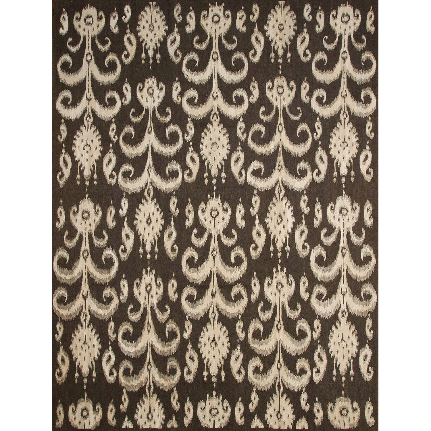 Rectangular rug with a cream ikat fleur de lis pattern on a black field.