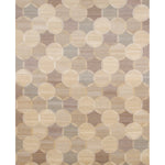 Rectangular rug in an interlocking circles pattern in shades of cream, tan and gray.