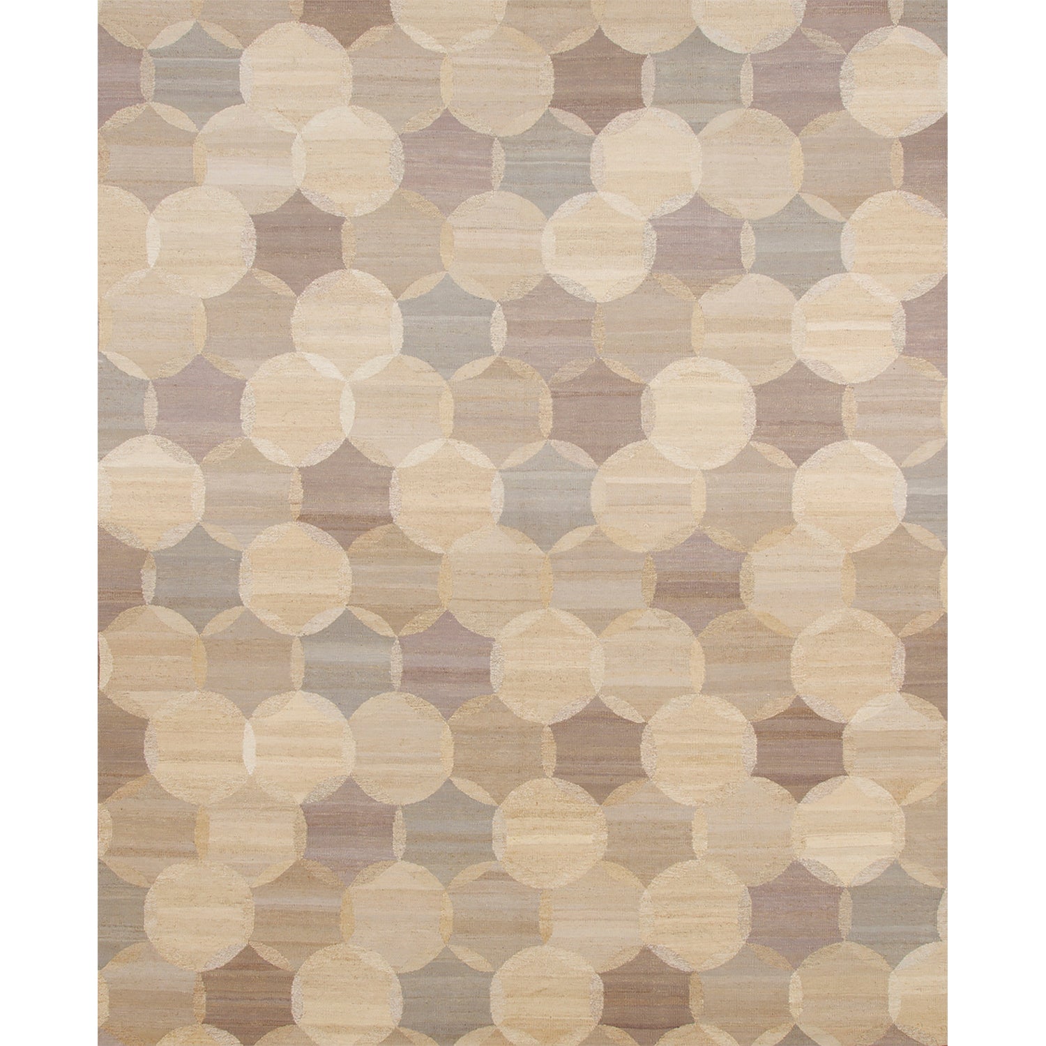 Rectangular rug in an interlocking circles pattern in shades of cream, tan and gray.