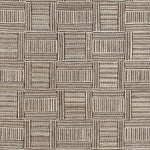 Woven rug swatch in a basket-weave pattern of alternating horizontal and vertical stripes in brown on a cream field.