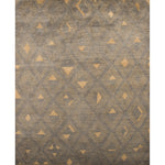 Woven high-pile rectangular rug in an abstract pattern of graduating diamond shapes in tan on a gray field.