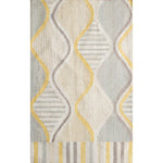 Rectangular rug with an abstract curvolinear pattern and striped borders in shades of yellow, cream and gray.